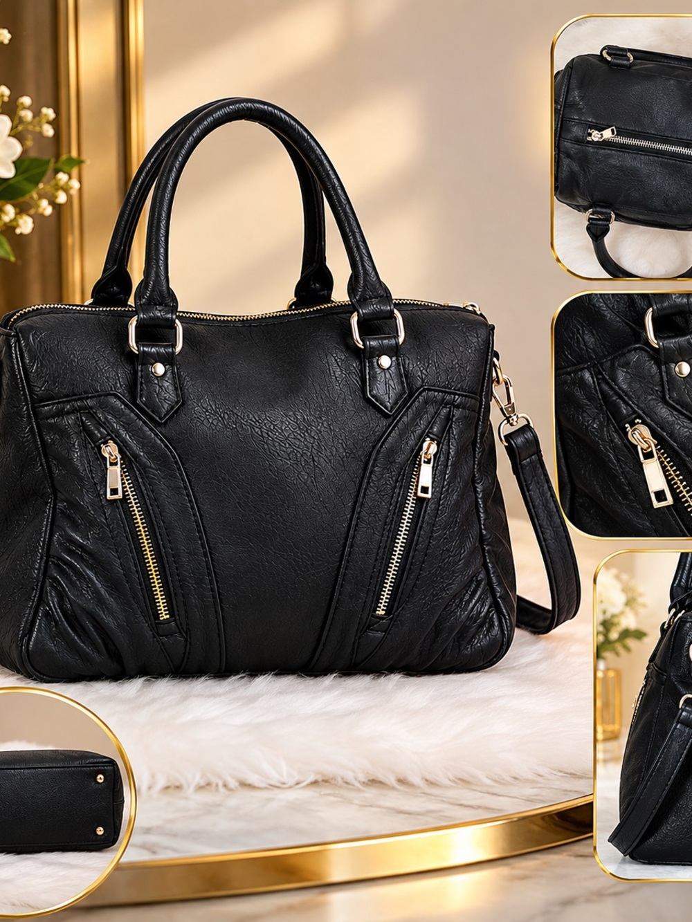 Classic Black Satchel Handbag with Gold Hardware